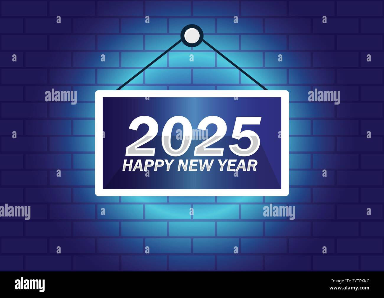 2025 Happy New Year, cartello appeso su sfondo mattone neon. Illustrazione vettoriale Premium 2025 Illustrazione Vettoriale