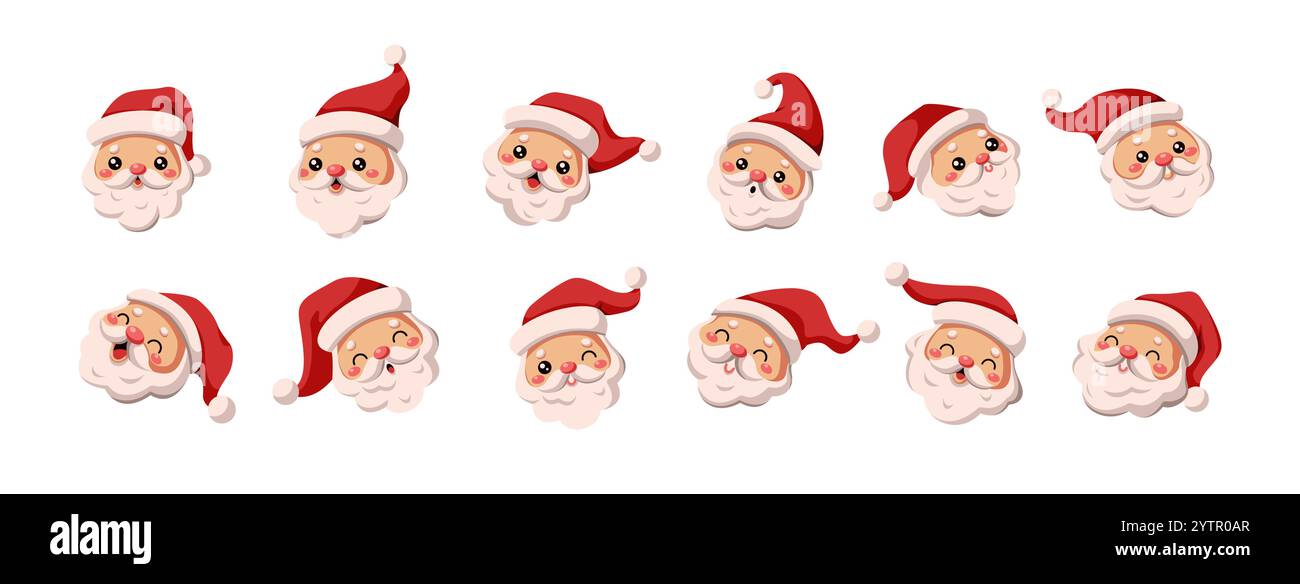 Le teste di Babbo Natale che mostrano espressioni uniche avatar, set di icone vettoriali a colori piatti. Pacchetto di personaggi per la celebrazione dell'atmosfera di Natale su bianco Illustrazione Vettoriale
