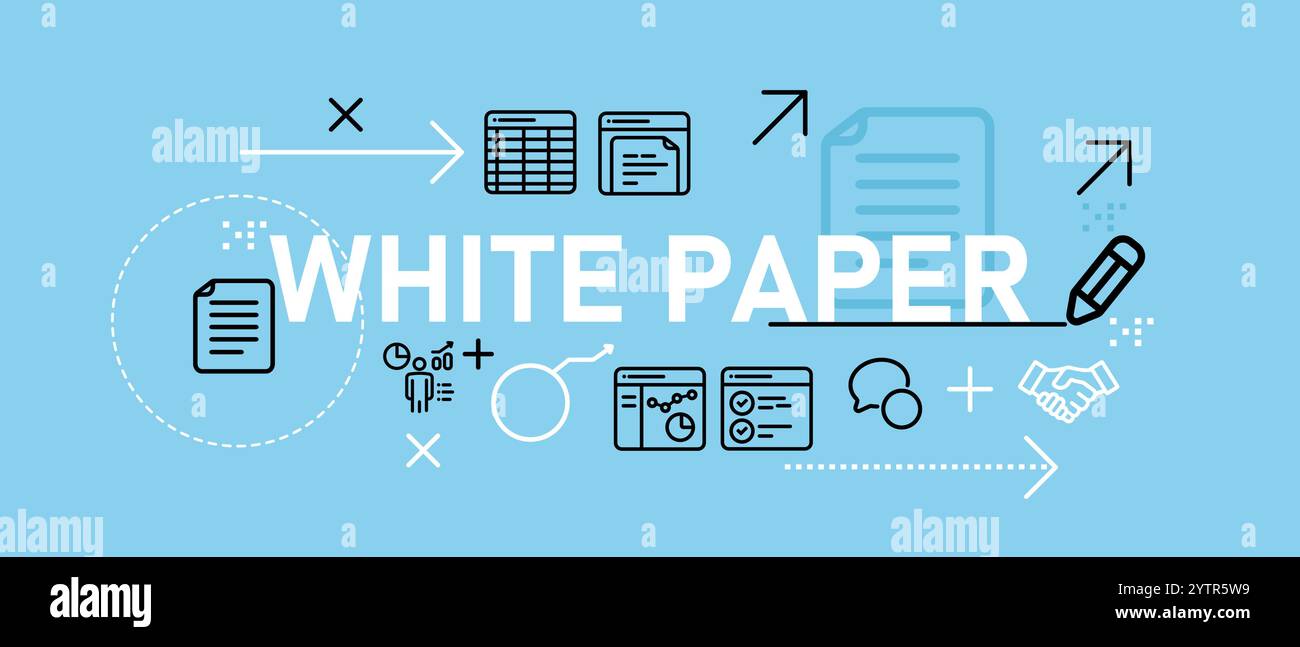 Documento di pubblicazione di libri elettronici su white paper sulla ricerca e sulle linee guida concetto di illustrazione dell'intestazione Web con icona di colore blu chiaro e piatto Illustrazione Vettoriale