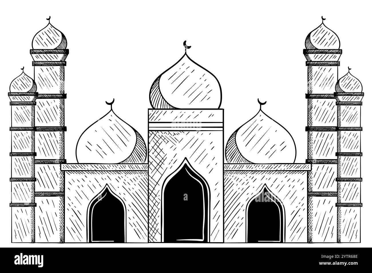 Disegno illustrativo della moschea in stile disegnato a mano, decorazione islamica Illustrazione Vettoriale