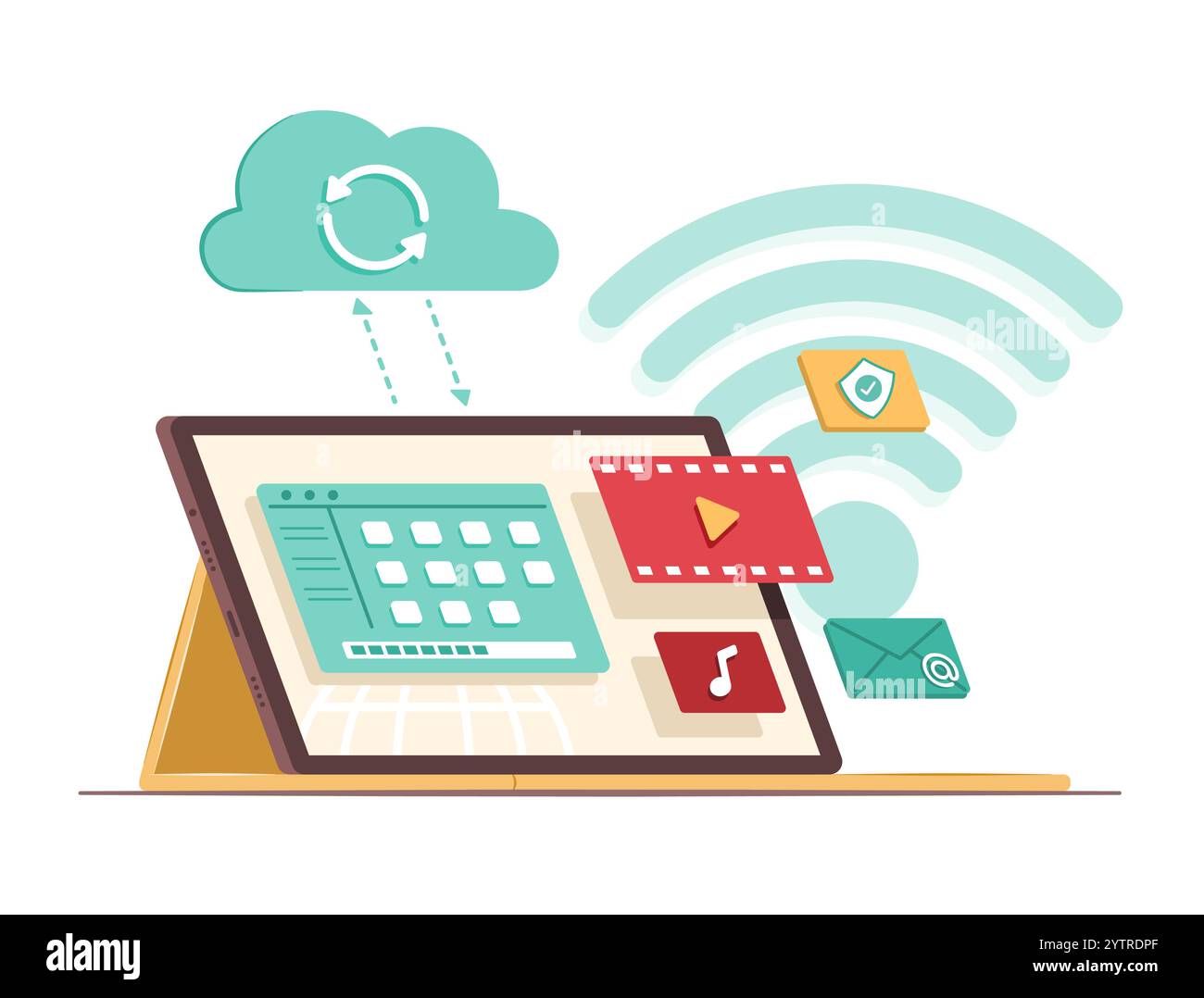 Illustrazione del concetto di sincronizzazione dei file di dati con Cloud Computing Server for Wireless Connection Technology Illustrazione Vettoriale