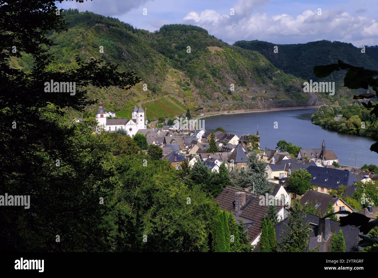 Treis Karden: Chiesa bianca di St Castor Stiftskirche, edifici, colline e vigneti a Karden, fiume Mosella, Renania-Palatinato, Germania Foto Stock