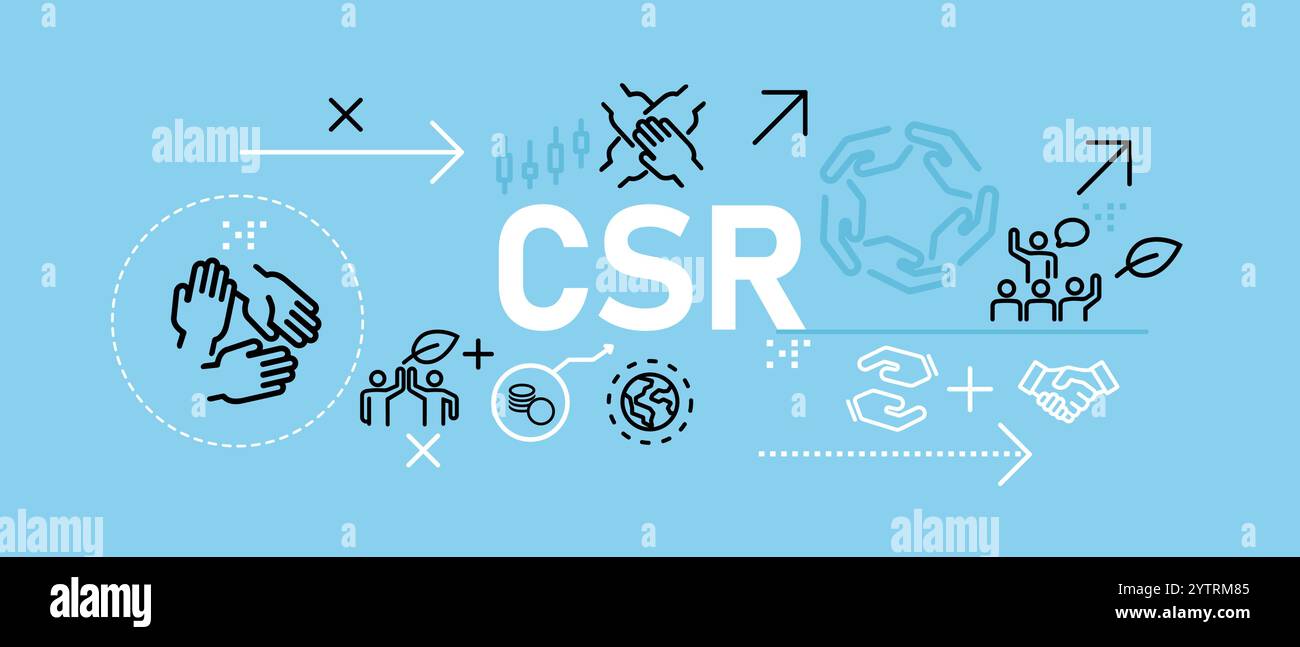 CSR responsabilità sociale aziendale azienda Green Ethics concetto di illustrazione dell'intestazione Web con icona di colore blu chiaro piatto Illustrazione Vettoriale