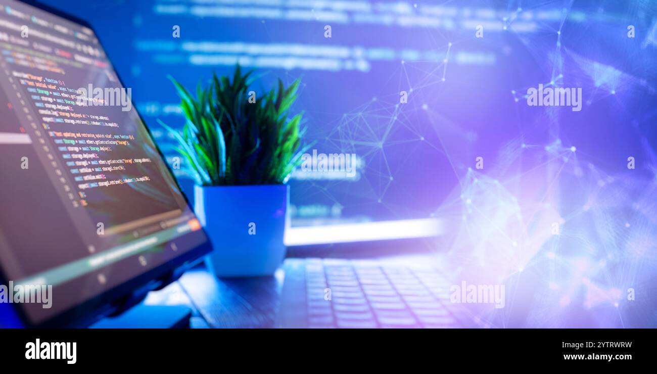 Sviluppo del concetto di programmazione e codifica nel settore della tecnologia digitale Foto Stock
