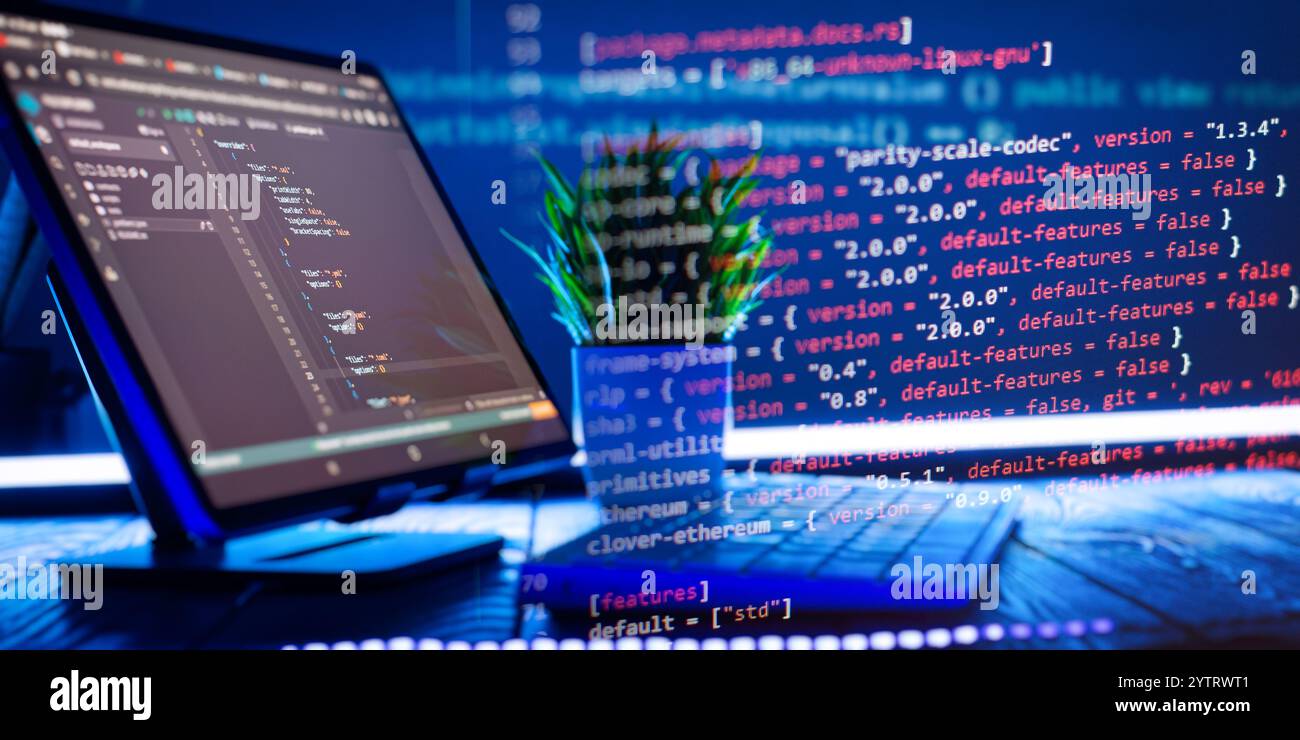 Sviluppo del concetto di programmazione e codifica nel settore della tecnologia digitale Foto Stock