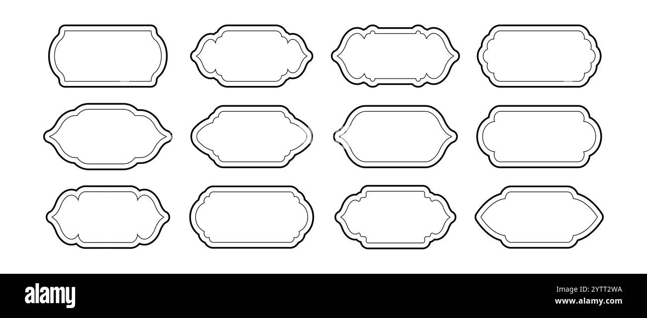 Cornici islamiche. Modello di biglietto d'auguri arabo. Semplici riquadri di linee con doppio tratto. Serie di bordi marocchini neri su sfondo bianco. Tradizionale Illustrazione Vettoriale