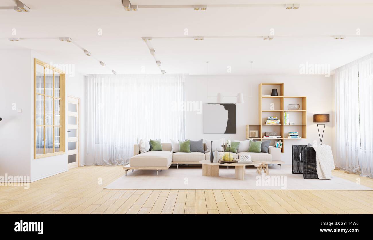 Gli interni del soggiorno sono spaziosi e moderni e presentano un grande divano beige, mobili in legno, luce naturale dalle finestre a tutta altezza, rendering 3d. Foto Stock
