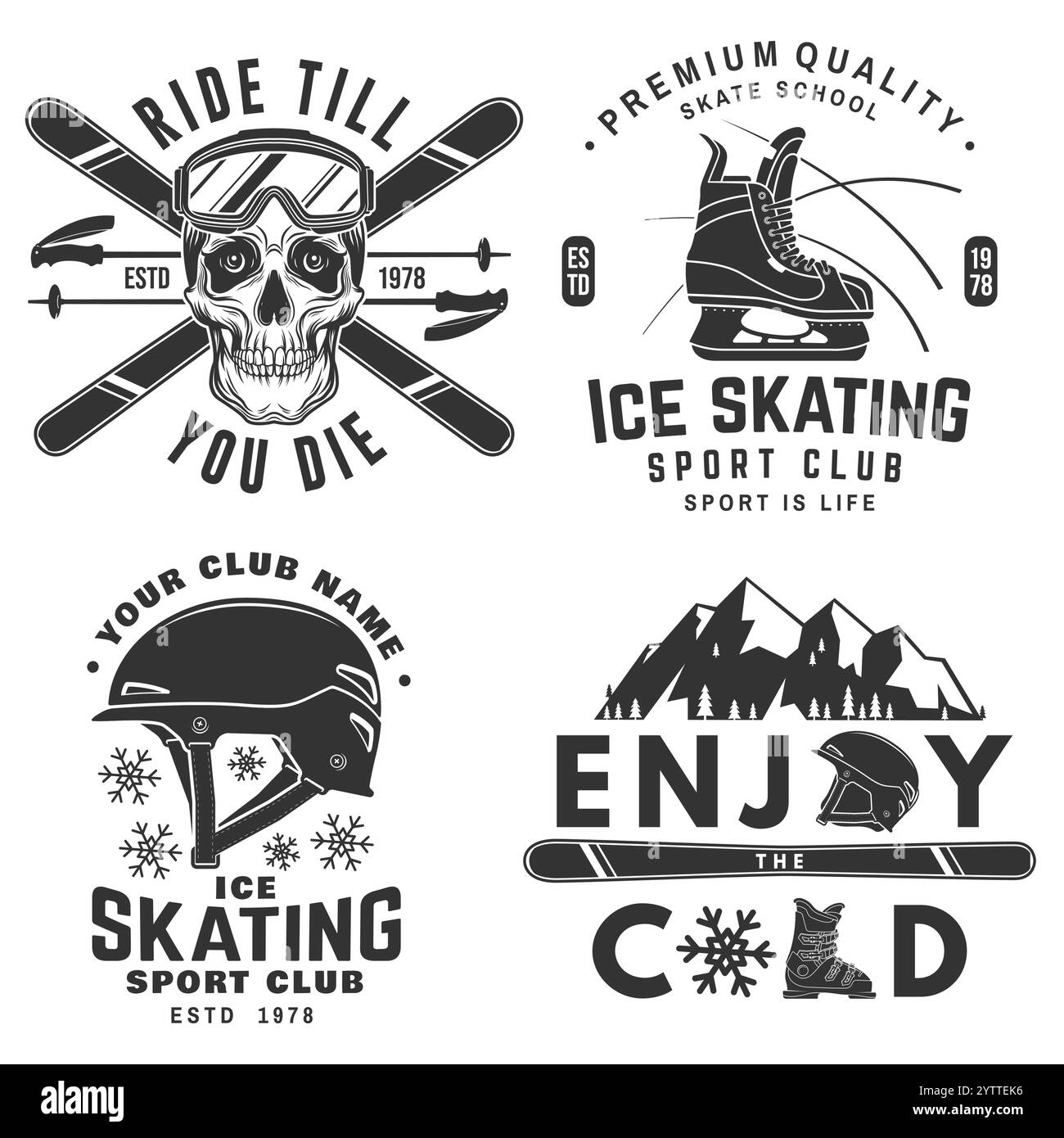 Set di badge retro per sci e pattinaggio su ghiaccio. Camicia vettoriale, stampa, sigillo o timbro con occhiali da sci, scheletro di teschio in cappello, skate, pattini Illustrazione Vettoriale