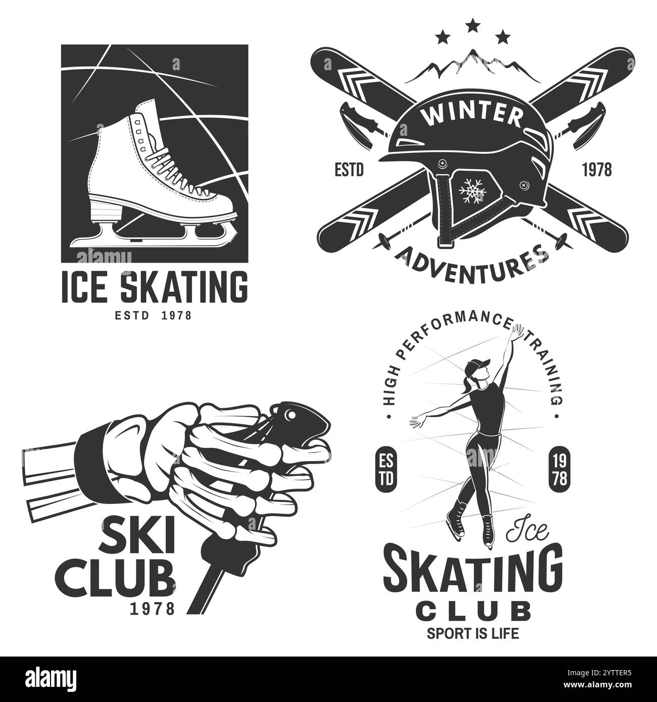 Set di badge retro per sci e pattinaggio su ghiaccio. Camicia vettoriale, stampa, sigillo o timbro con pattinaggio su ghiaccio, scheletro umano che tiene a mano il bastone da sci, sci, pattinatore su ghiaccio Illustrazione Vettoriale