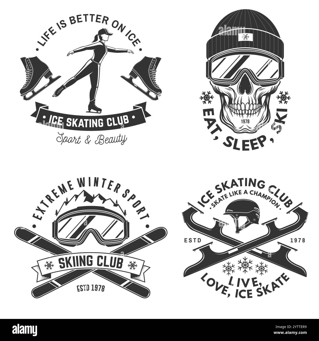 Set di badge retro per sci e pattinaggio su ghiaccio. Camicia vettoriale, stampa, sigillo o timbro con occhiali da sci, scheletro di teschio in cappello, skate, pattini Illustrazione Vettoriale
