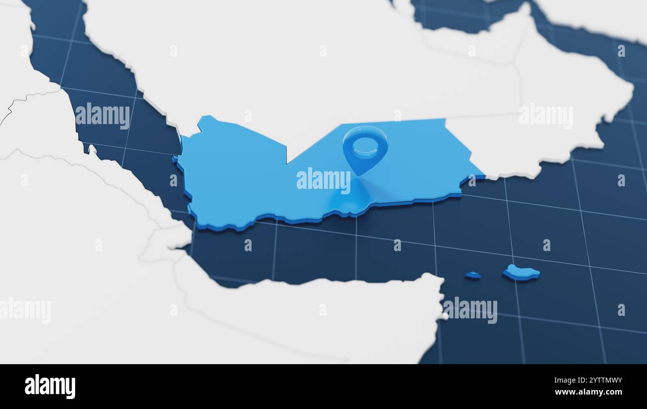 Mappa 3d dello Yemen blu con puntino circondato da altri paesi in bianco. Europa carta politica con confini. illustrazione di rendering 3d. Foto Stock