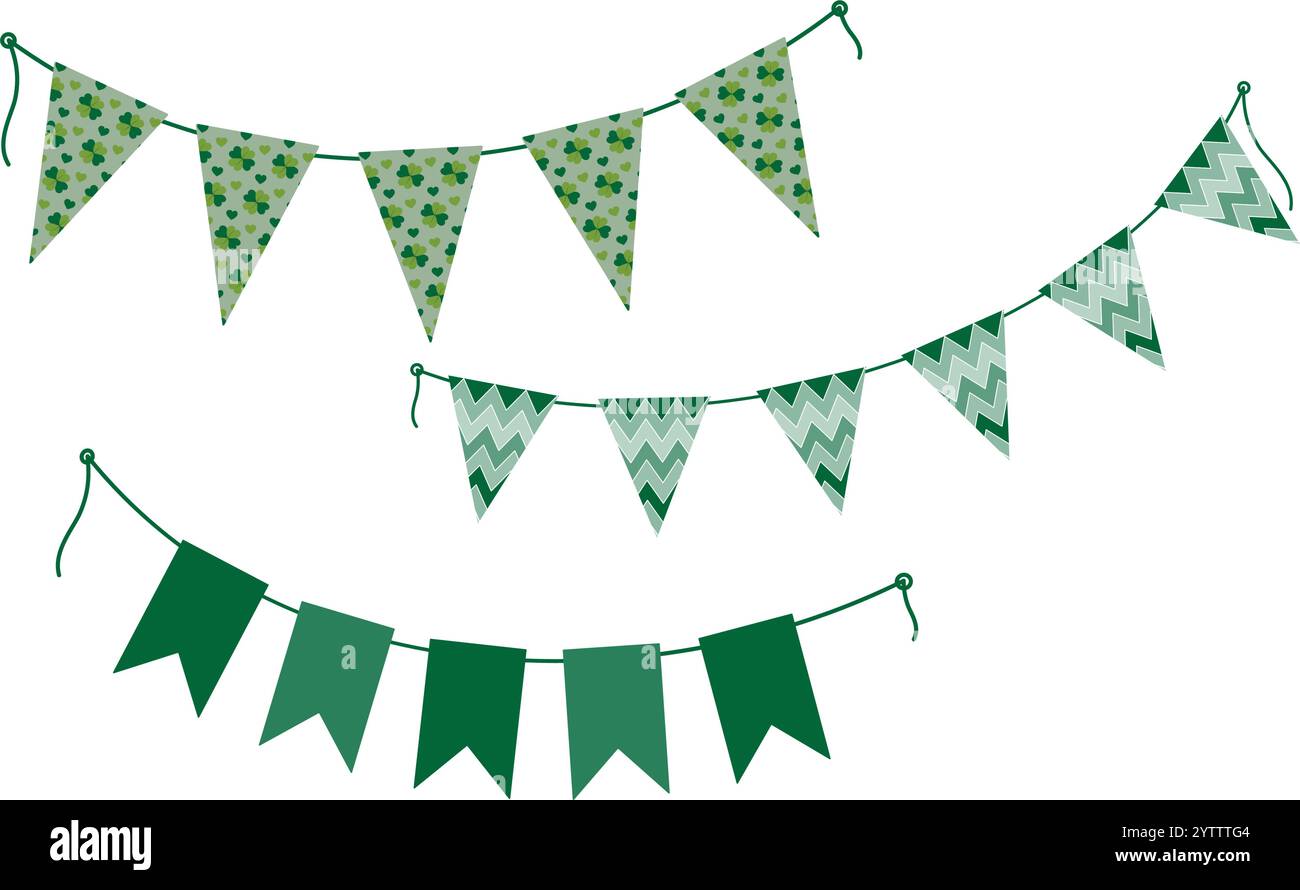 Set 3 elementi di design per il giorno di San Patrizio, con motivo verde monocromatico e ghirlande in corda. Illustrazione vettoriale isolata biglietti di auguri o tematici, post, blog, opuscoli o promozioni Web, etichette Illustrazione Vettoriale