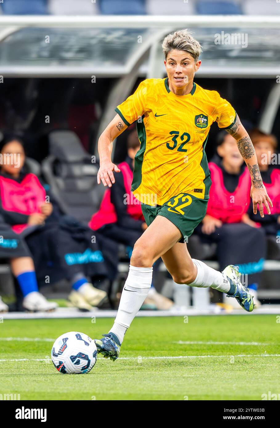 L'australiana Michelle Heyman ha visto uno sprint in una partita di distacco durante l'amichevole contro i Matilda contro il cinese Taipei. Partita di addio per l'australiano Clare Polkinghorne. Punteggio finale Australia 6 - Chinese Taipei 0. Foto Stock