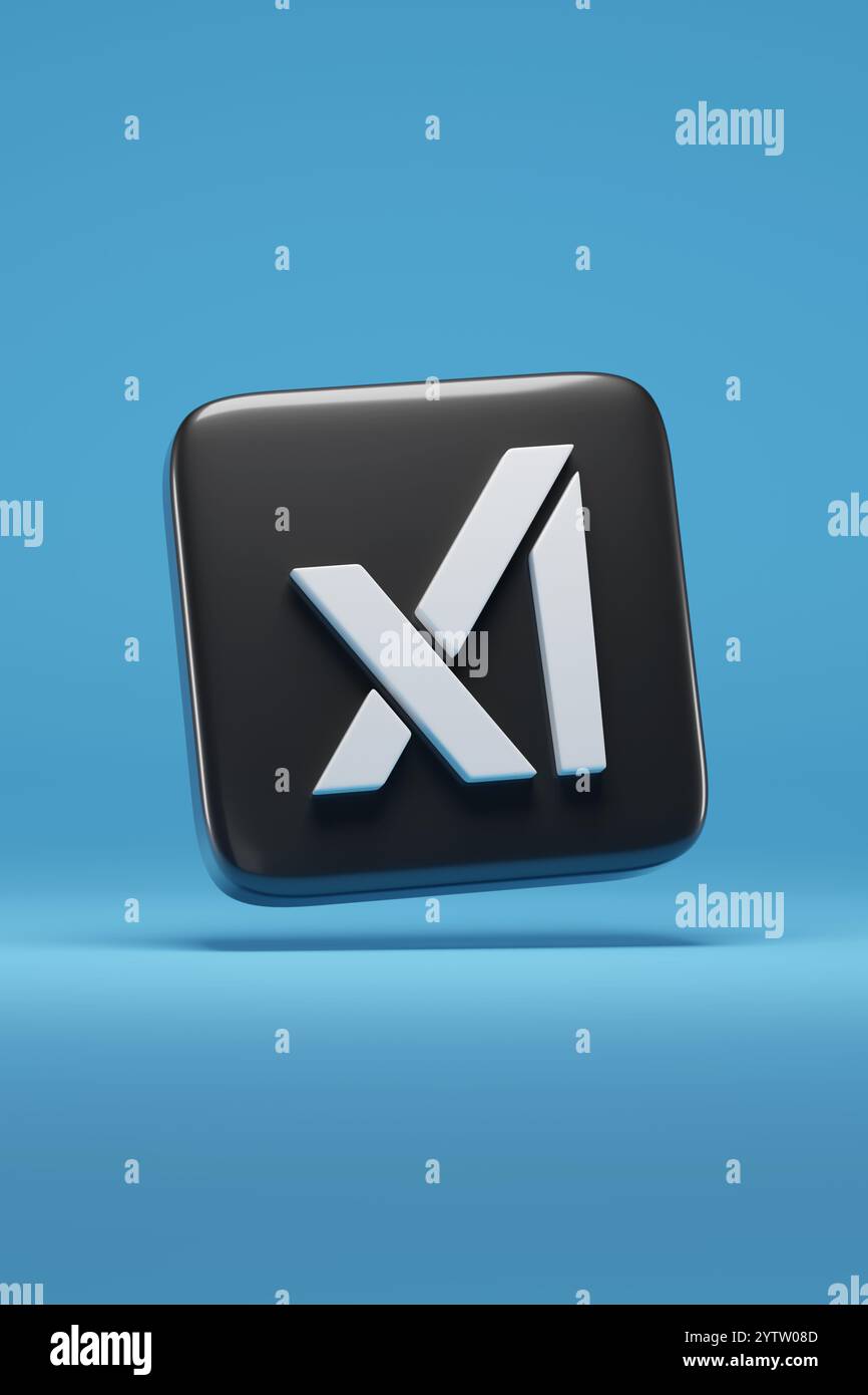 Buenos Aires, Argentina - 15 novembre 2024: Logo XAI in tre dimensioni isolato su sfondo blu. illustrazione 3d. Foto Stock