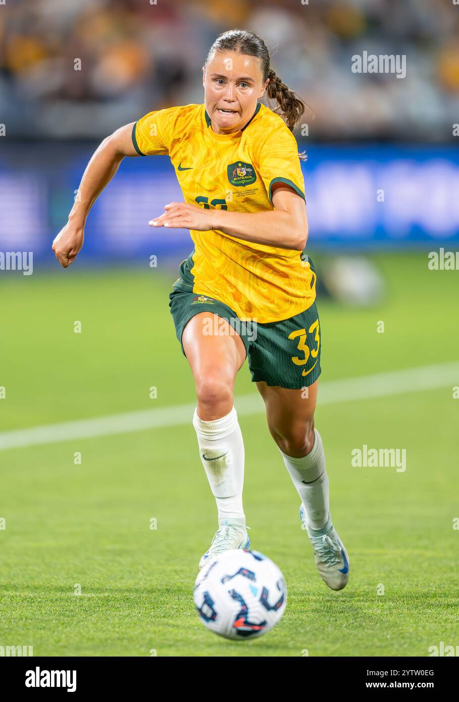 L'australiano Bryleeh Henri ha visto uno sprint in una fase di distacco durante la partita amichevole contro i Matilda contro il cinese Taipei. Partita di addio per l'australiano Clare Polkinghorne. Punteggio finale Australia 6 - Chinese Taipei 0. Foto Stock