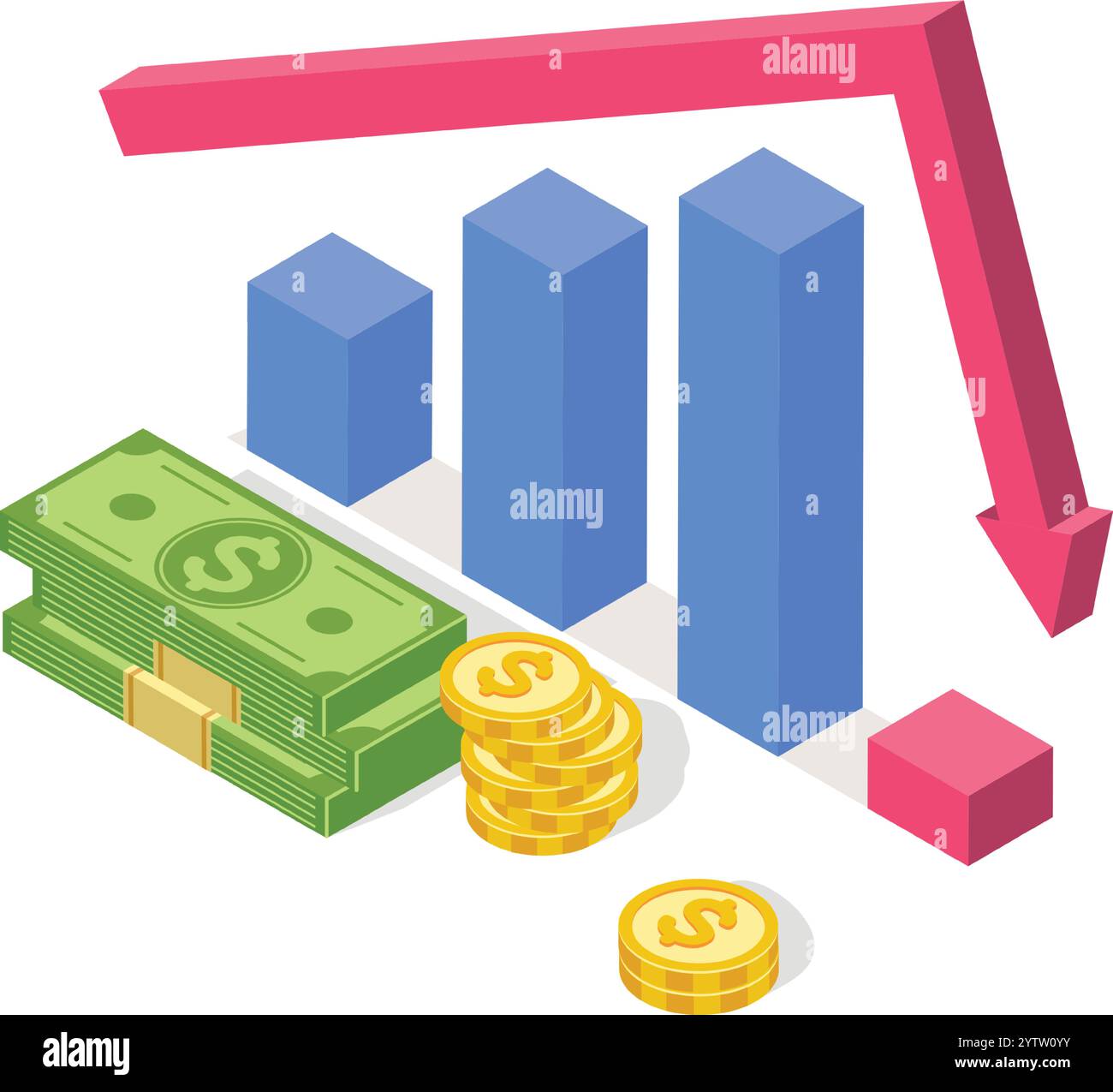 Il grafico a barre isometrico con tendenza al ribasso mostra risultati finanziari negativi con banconote e monete in dollari, che rappresentano la recessione economica e la crisi finanziaria Illustrazione Vettoriale