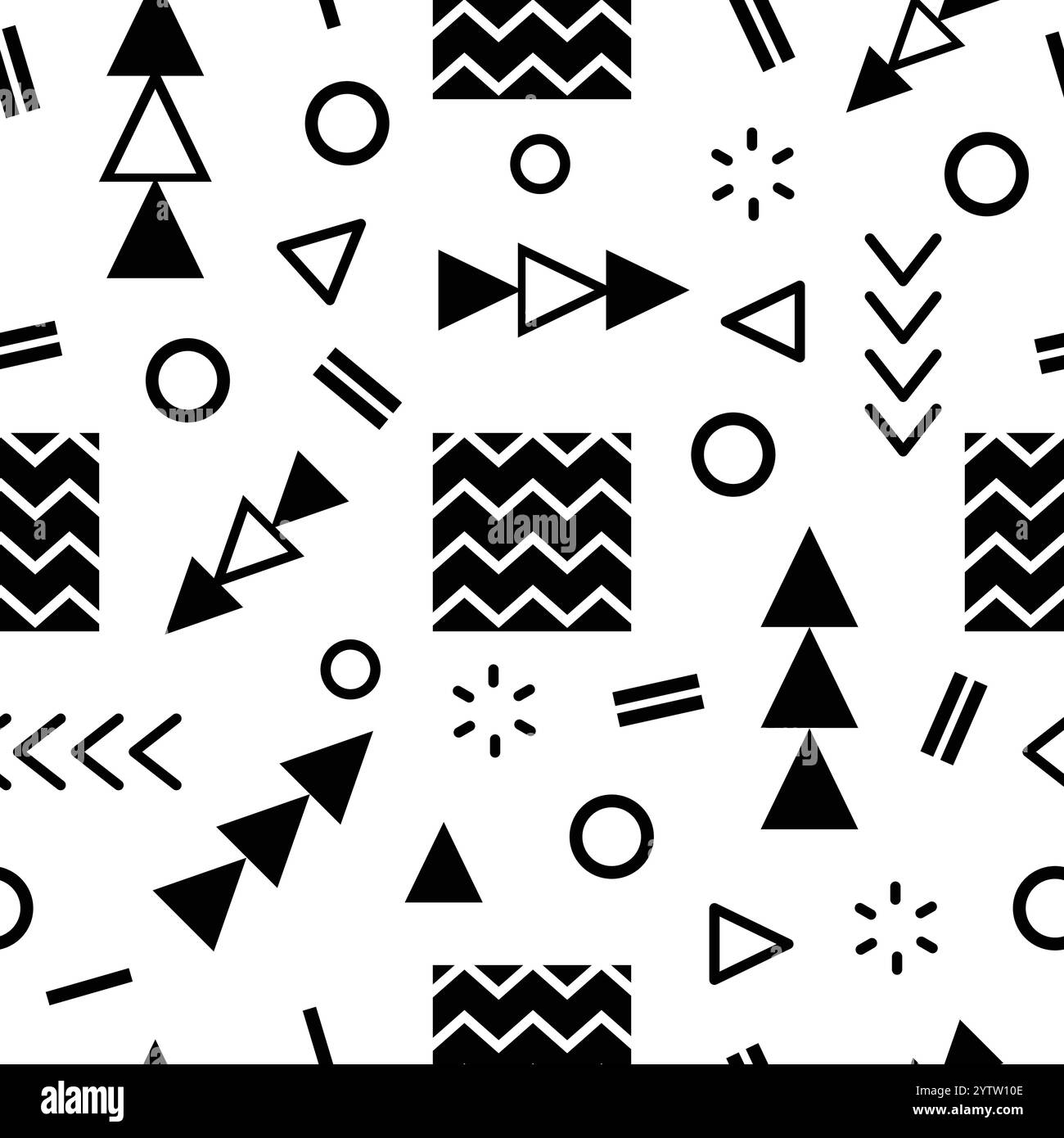 Il motivo senza cuciture presenta forme geometriche in bianco e nero, tra cui triangoli, cerchi, quadrati e frecce, creando una composizione dinamica e visivamente coinvolgente Illustrazione Vettoriale Il motivo senza cuciture presenta forme geometriche in bianco e nero, tra cui triangoli, cerchi, quadrati e frecce, creando una composizione dinamica e visivamente coinvolgente Illustrazione Vettoriale