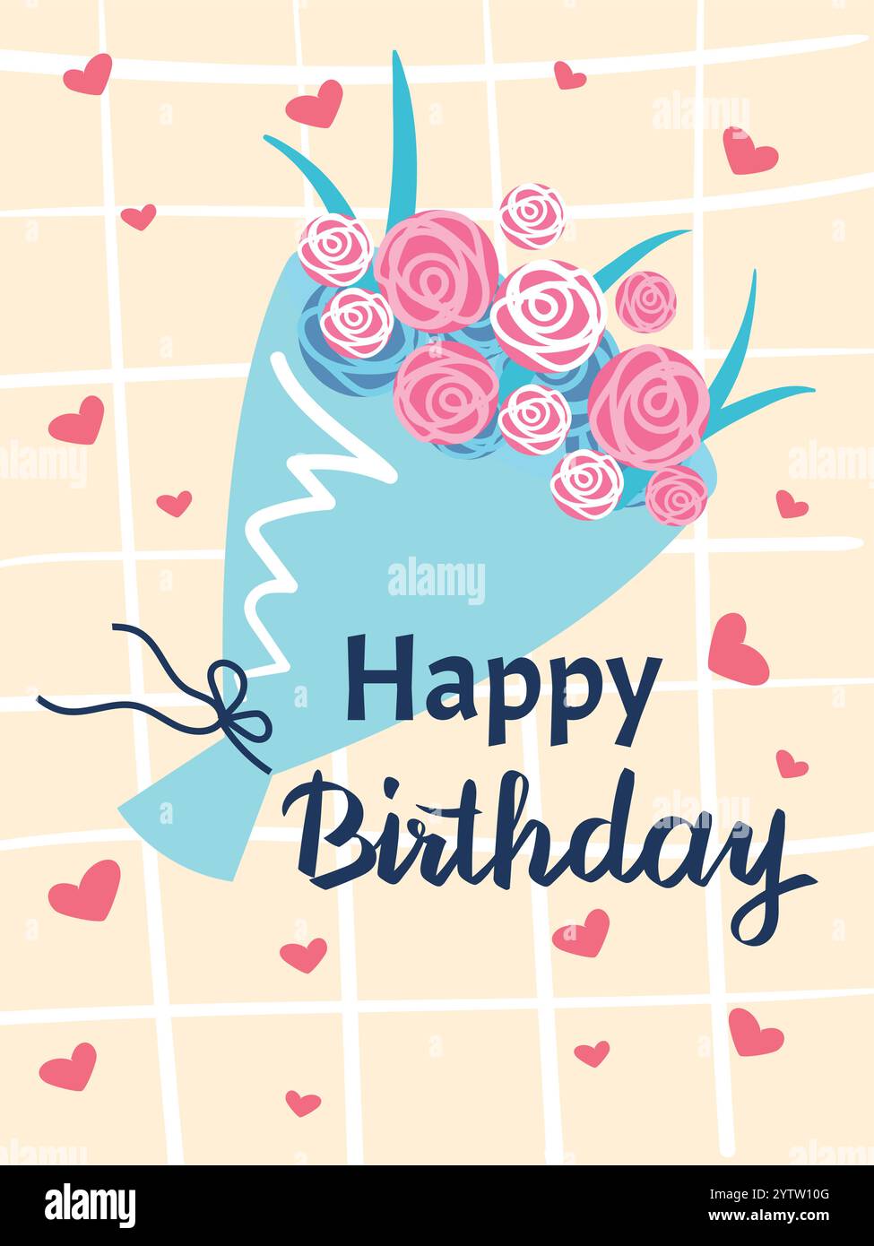 Il allegro biglietto di auguri di buon compleanno presenta un bouquet di rose rosa e bianche avvolte in carta blu chiaro, adornato con cuori su sfondo a griglia, creando un'atmosfera festosa e romantica Illustrazione Vettoriale Il allegro biglietto di auguri di buon compleanno presenta un bouquet di rose rosa e bianche avvolte in carta blu chiaro, adornato con cuori su sfondo a griglia, creando un'atmosfera festosa e romantica Illustrazione Vettoriale