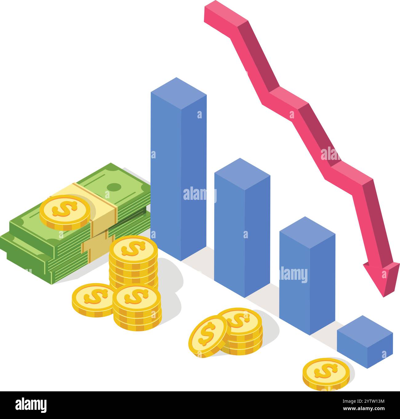 Il grafico a barre isometrico sta diminuendo, mostrando la crisi finanziaria con una pila di banconote e monete in dollari, dimostrando la recessione economica e l'instabilità finanziaria Illustrazione Vettoriale