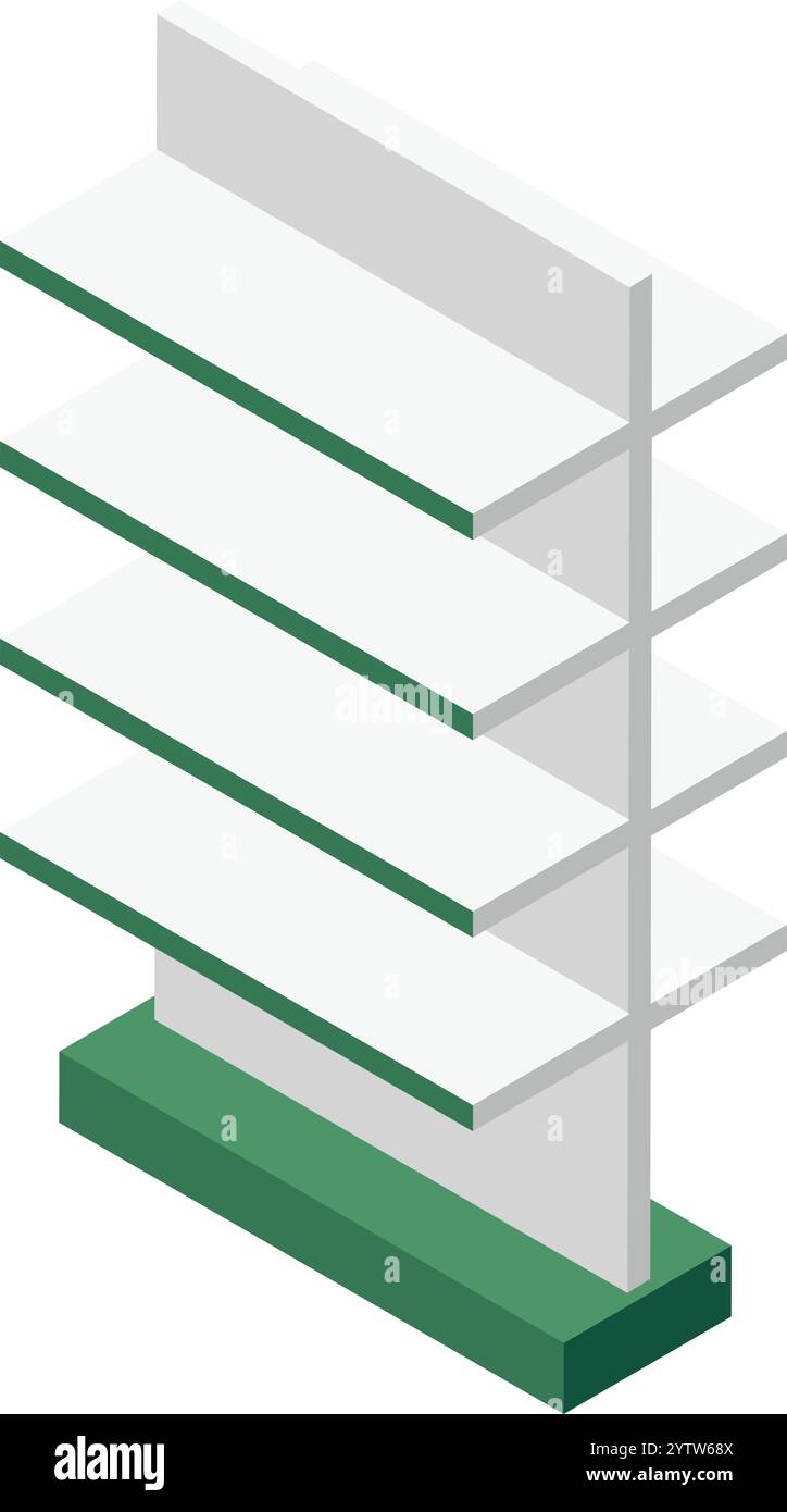 Vista isometrica di uno scaffale bianco vuoto del supermercato con rivestimento verde, pronto per l'esposizione dei prodotti in un corridoio di un negozio di alimentari, che offre un ambiente pulito e un organo Illustrazione Vettoriale