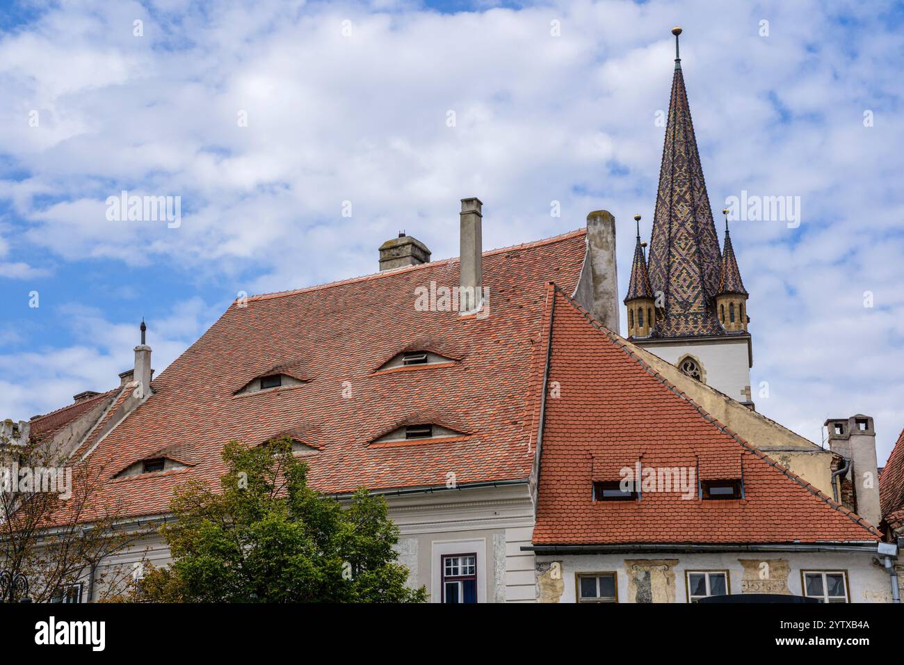 Un tetto piastrellato con tradizionali finestre attico a forma di occhio, Sibiu, Transilvania, Romania Foto Stock