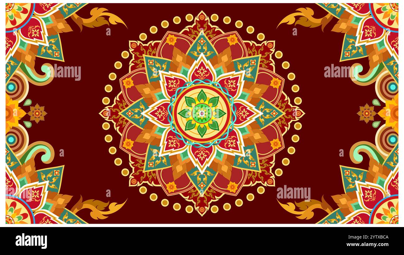 Un vivace mandala con intricati motivi geometrici e floreali in sfumature di rosso, arancione, verde e giallo, su un ricco sfondo marrone. Illustrazione Vettoriale