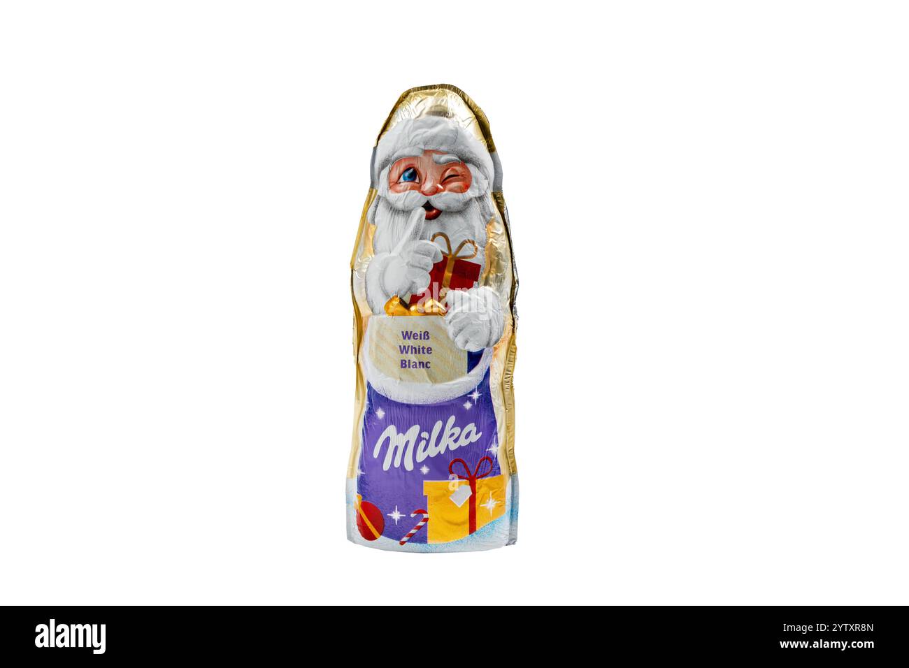 Germania Berlino 7 dicembre 2024. Una barretta di cioccolato con un babbo natale sopra. Il babbo Natale ha in mano una borsa Foto Stock