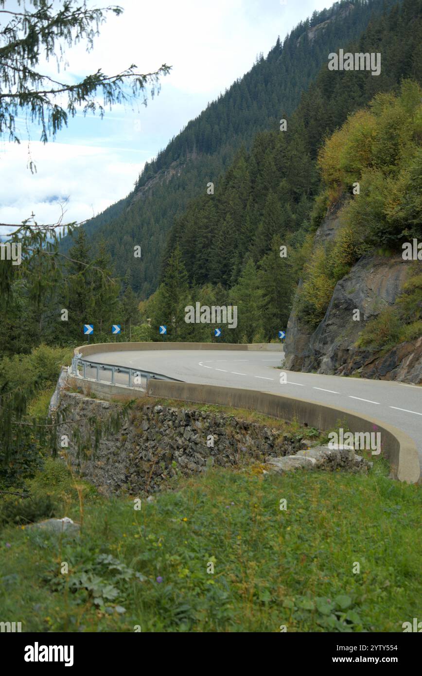 Una strada tortuosa si snoda attraverso una fitta foresta verde, con maestose montagne che si innalzano sullo sfondo. Foto Stock