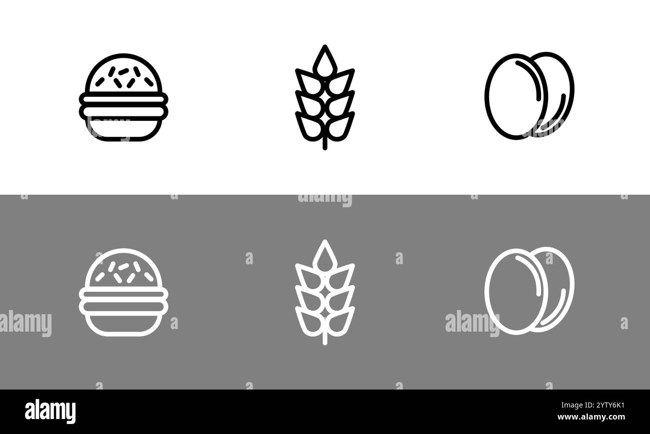 Set di simboli per alimenti - simboli per alimenti con contorno piatto. Illustrazione Vettoriale