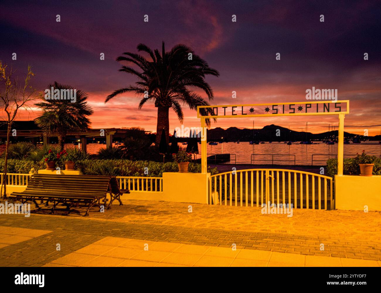 Blick von der Seeterrrase über den Strand und auf die Bucht von Port de Pollenca bei Sonnenaufgang und Morgenrot, Maiorca; spagnolo Foto Stock