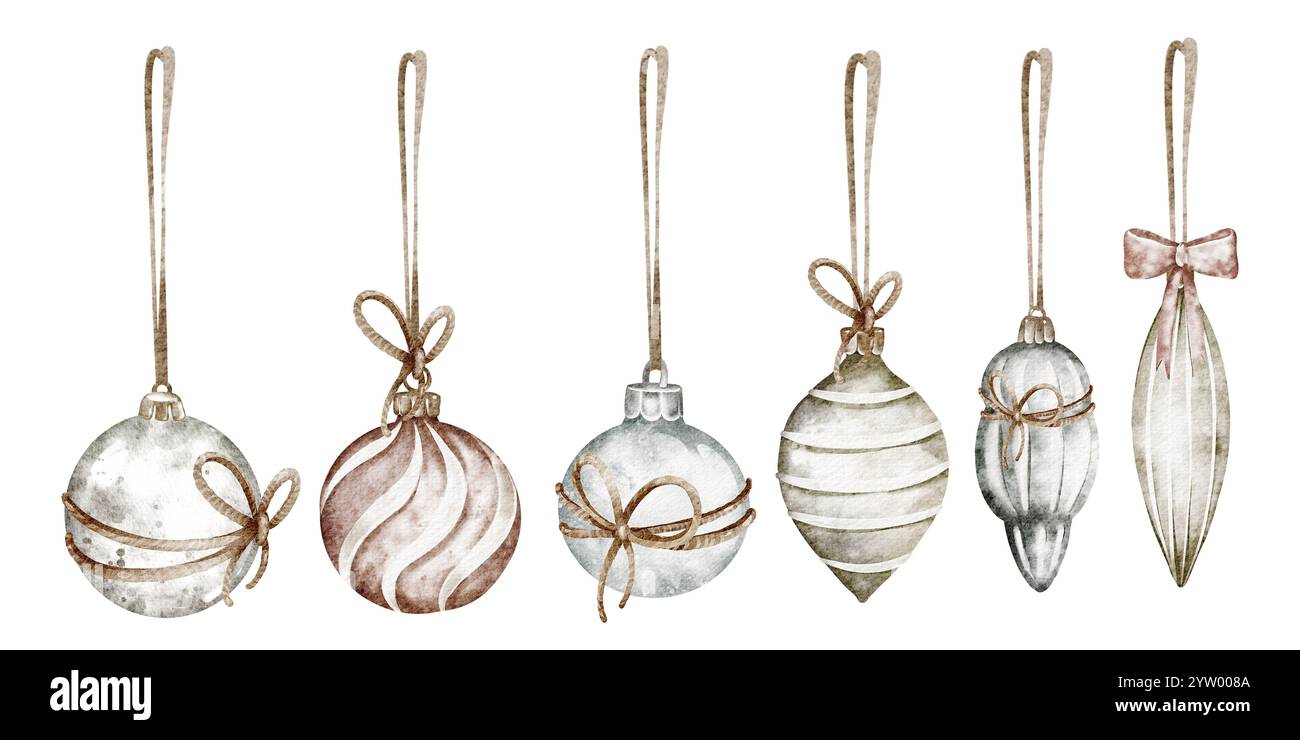 Illustrazione delle festività con acquerelli e decorazioni natalizie. Clip art isolata di decorazioni fatte a mano e regali per poster o sfondi. Foto Stock