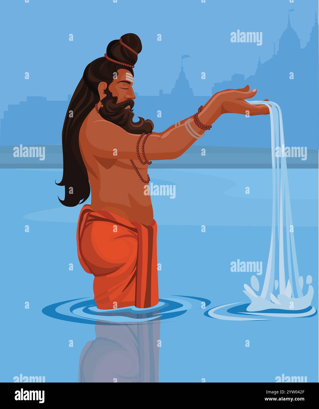 Sadhu in preghiera nel fiume per la grande festa Illustrazione Vettoriale