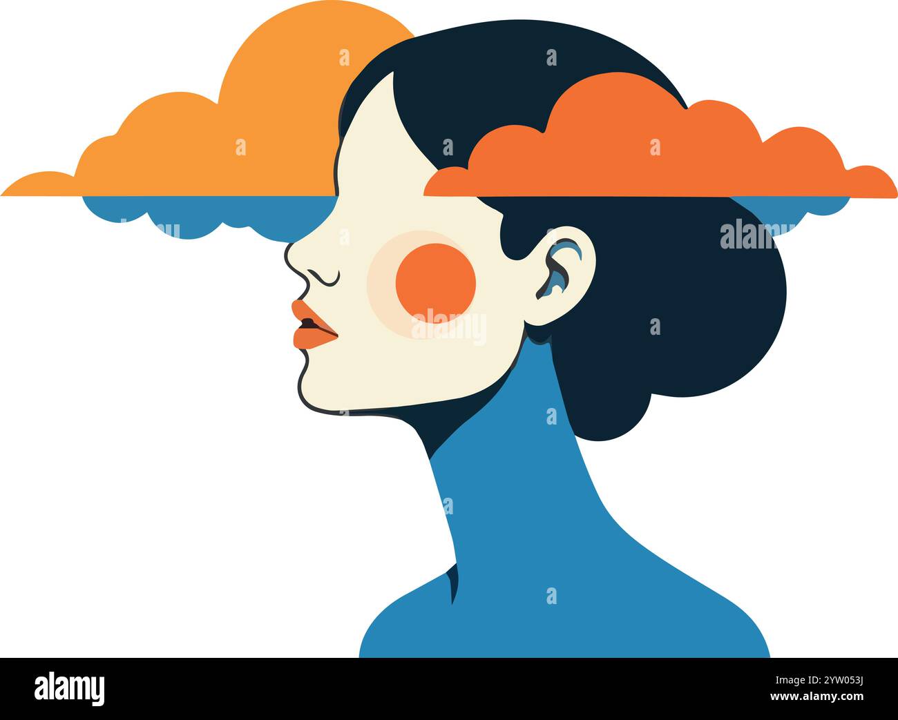 Faccia da ragazza depressa tra le nuvole di Burnout. Problemi di salute mentale. Concetto di problema psicologico. Illustrazione Vettoriale