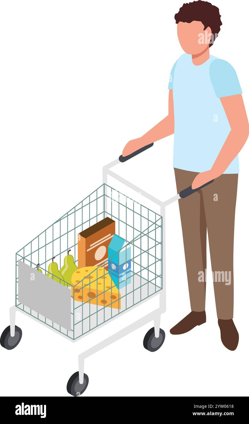 Giovane che spinge un carrello pieno di generi alimentari, tra cui formaggio, pere, latte e cereali, cattura l'esperienza dello shopping in un supermercato affollato Illustrazione Vettoriale