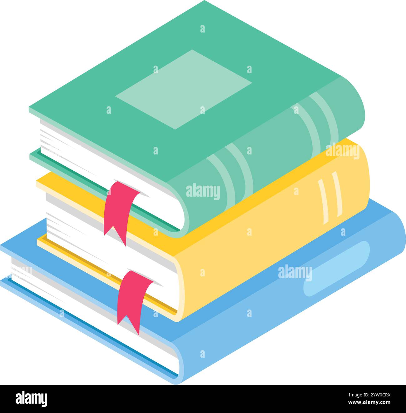 Libri colorati impilati con segnalibri simboleggiano la gioia della lettura, promuovendo l'apprendimento e incoraggiando l'esplorazione di una varietà di argomenti e idee Illustrazione Vettoriale