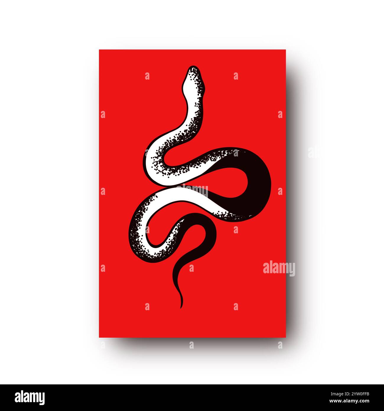 Serpente per tatuaggi su sfondo rosso. Inchiostro a punti nero tradizionale. Inchiostro tradizionale tatuaggio Old School. Illustrazione della silhouette del serpente. Foto Stock