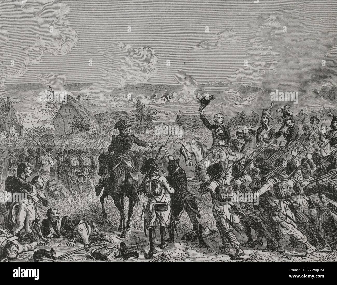 Guerre rivoluzionarie francesi. Campagna delle Fiandre. Battaglia di Fleurus (26 giugno 1794). L'esercito francese al comando del generale Jean-Baptiste Jourdan, sconfisse l'esercito della coalizione (Hannover, Repubblica olandese, monarchia asburgica e Gran Bretagna), comandato dal principe Giosia di Sassonia-Coburgo-Saalfeld. Disegno di Felix Philippoteaux. Incisione di Emile Deschamps. Storia Foto Stock