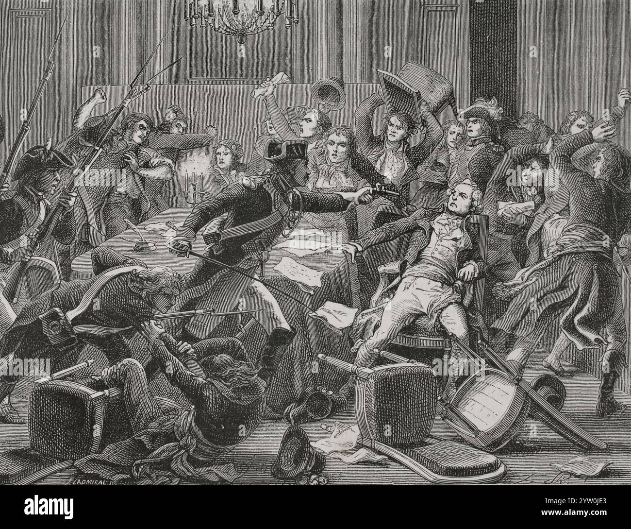 Maximilien Robespierre (1758-1794). Scrittore, avvocato e politico francese. L'arresto di Robespierre e dei suoi seguaci si riunì all'Hôtel-de-Ville di Parigi il 9 Thermidor anno II (27 luglio 1794). Incisione di J. Ladmiral. Storia Foto Stock