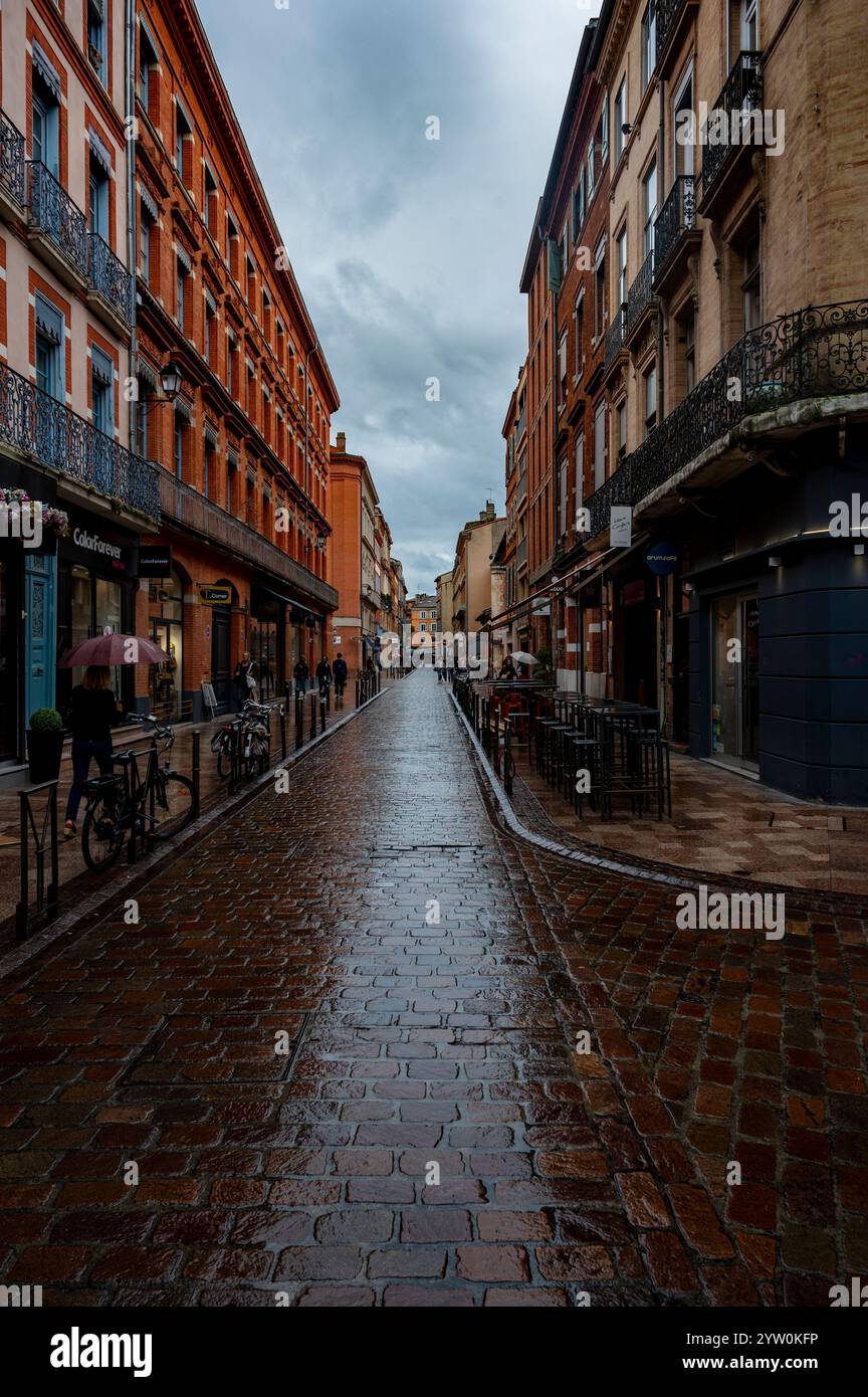 Une rue pavée typique du centre-ville de Toulouse, Francia, bordée de bâtiments en briques rouges caractéristiques de la région. Foto Stock