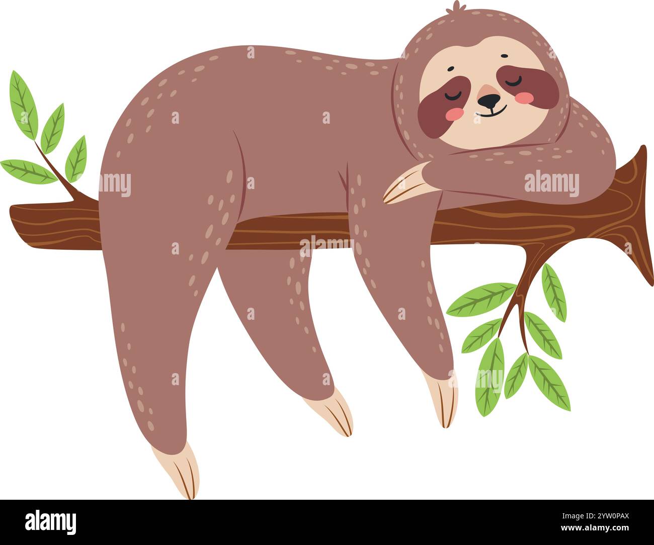 L'affascinante illustrazione dei cartoni animati presenta un bradipo rilassato che dorme profondamente su un ramo d'albero, circondato da lussureggianti foglie verdi, che trasmettono tranquillità e bellezza della natura Illustrazione Vettoriale