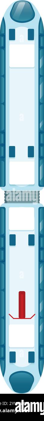 Treno futuristico che si muove su un binario a cuscino d'aria con un segnale luminoso rosso sotto, che suggerisce una sosta temporanea o un potenziale pericolo, mettendo in mostra tecnologie di trasporto innovative Illustrazione Vettoriale