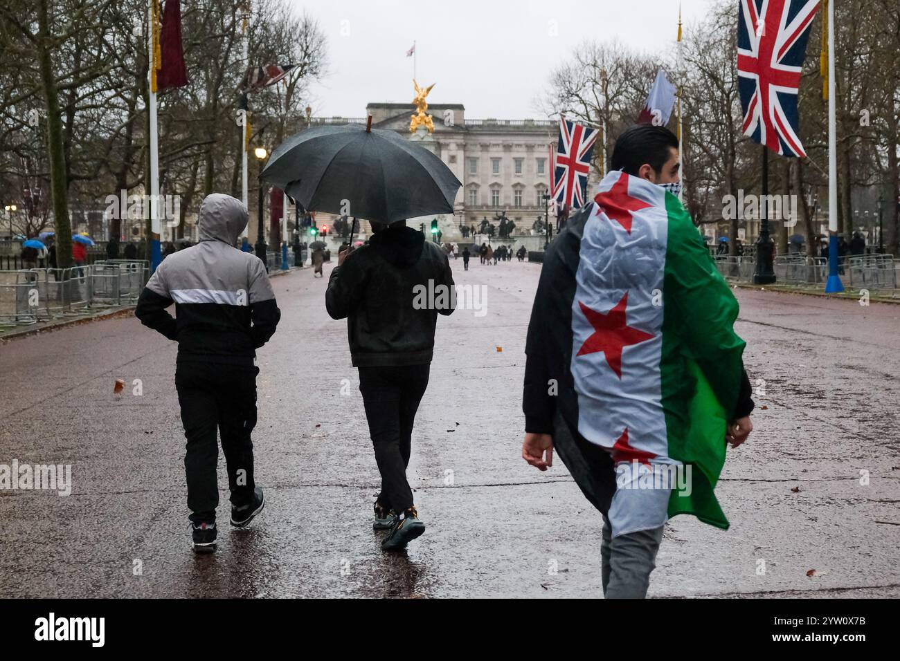 Londra, Regno Unito. 8 dicembre 2024. I britannici-siriani si sono riuniti per celebrare la fine del regime di Assad in Trafalgar Square, dove in seguito un grande gruppo ha marciato verso l'ambasciata siriana, chiedendo che la bandiera del precedente governo fosse abbattuta dall'edificio e sostituita con le tre forze di opposizione con la bandiera rossa. Credito: Fotografia dell'undicesima ora/Alamy Live News Foto Stock