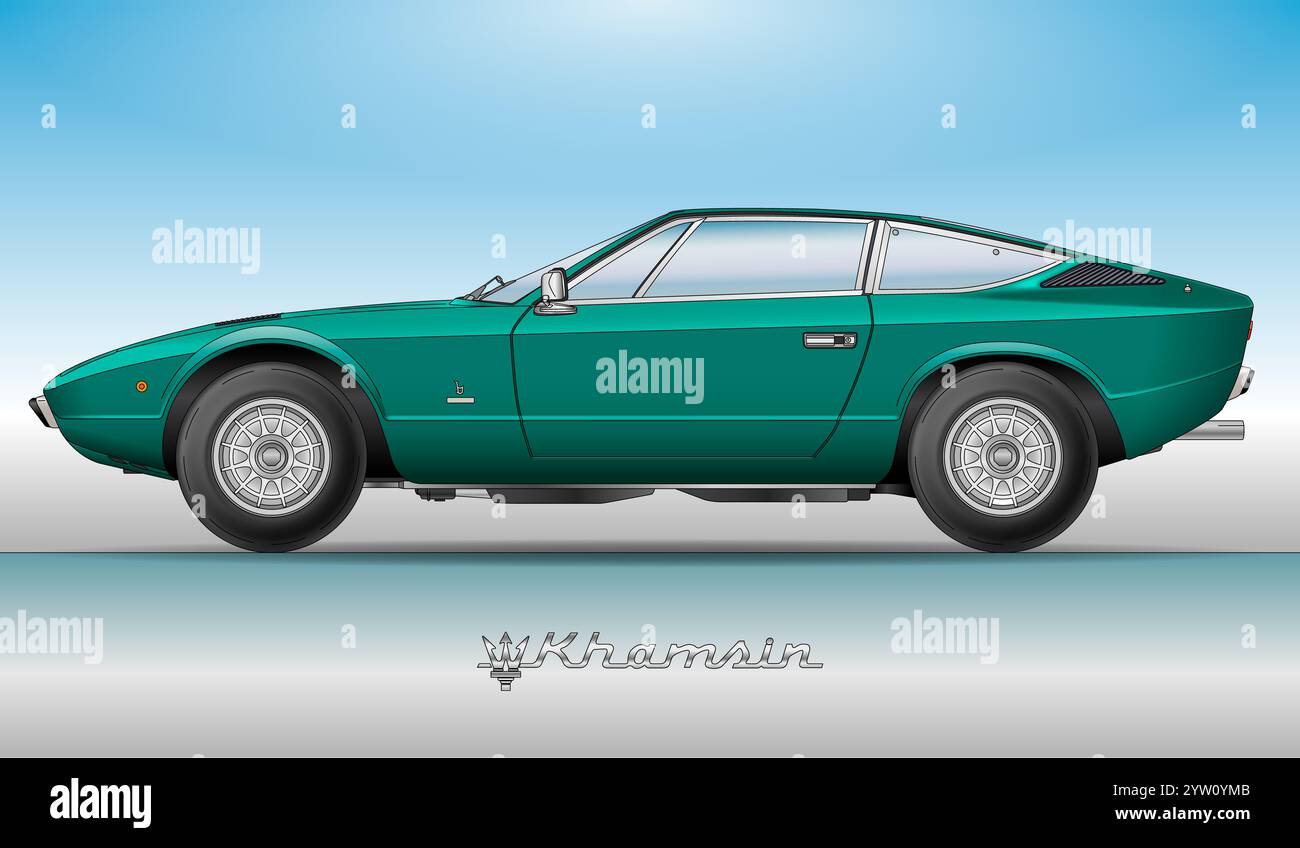 Modena, Italia, anno 1973, Maserati Khamsin silhouette sportiva, auto d'epoca da collezione, illustrazione colorata Foto Stock
