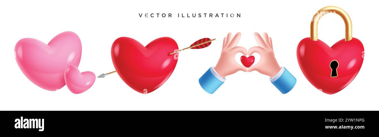 Set clipart 3d icona cuore. Forma a cuore in palloncino rosa, rosso in amore, posa a mano e simbolo di lucchetto collezione di clip art di san valentino. Illustrazione vettoriale Illustrazione Vettoriale