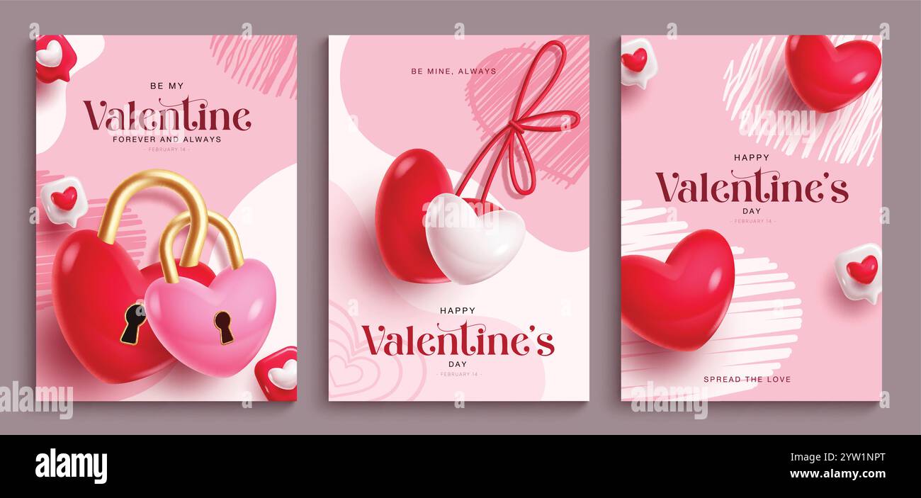 Set di poster degli appunti di auguri di san valentino. Biglietto d'invito per San Valentino con palloncini di coppia, lucchetto e elementi decorativi chiave in astratto Illustrazione Vettoriale