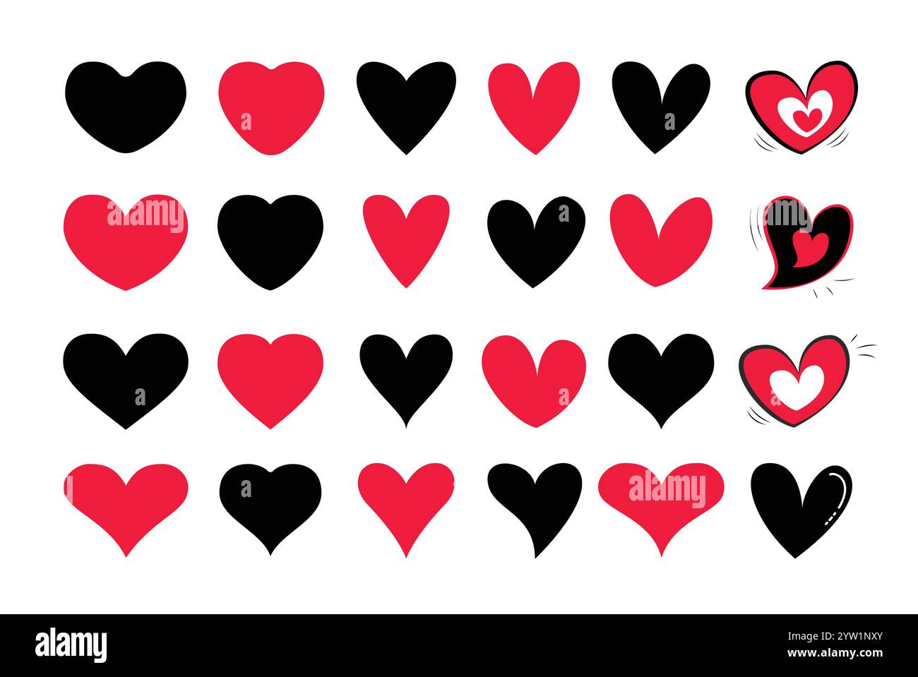 Set forma clipart cuore. Icona a forma di cuore d'amore rossa e nera per san valentino, matrimonio e anniversario elementi di contorno romantici clip art. Vettore Illustrazione Vettoriale