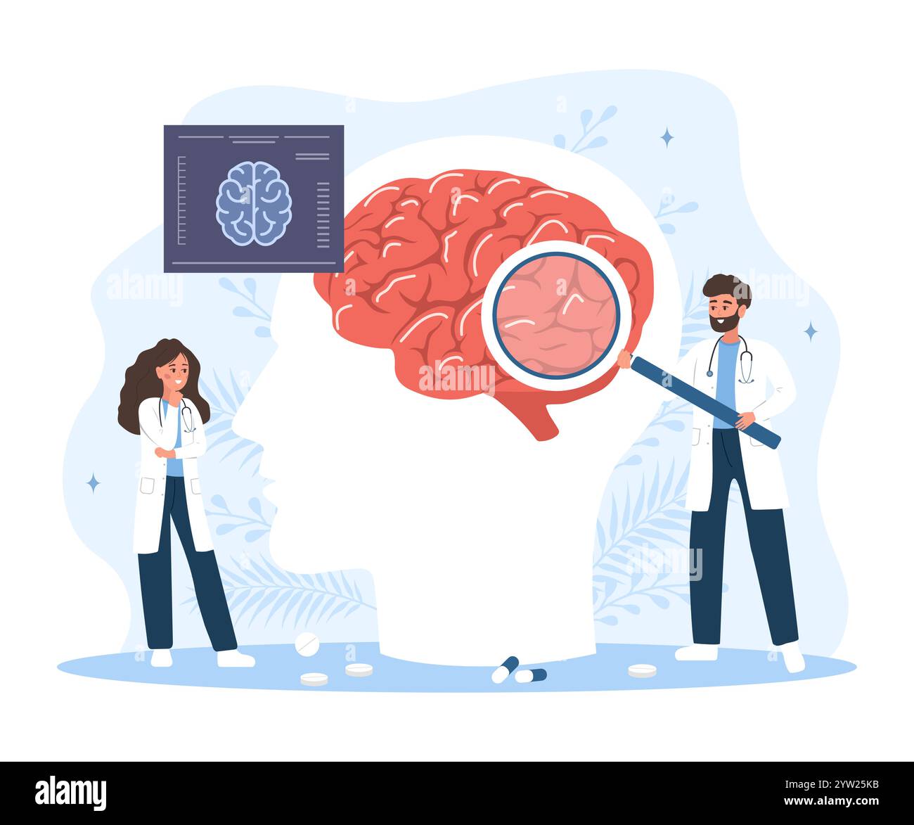 Concetto di neurologo. Donna e uomo in uniforme medica con lente d'ingrandimento analizza organo interno. Ricercatore. Illustrazione vettoriale piatta Illustrazione Vettoriale
