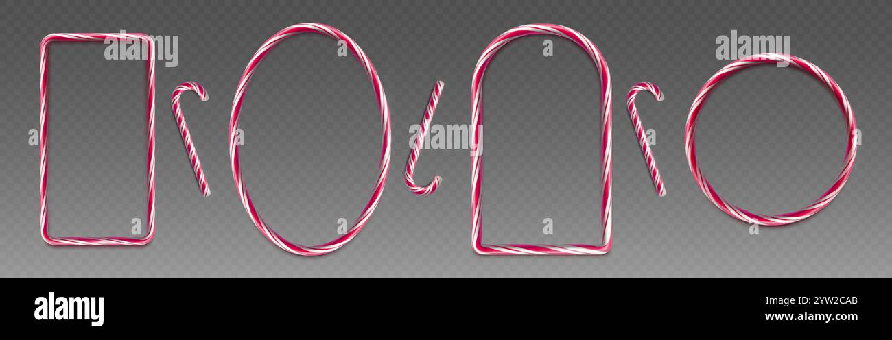 I disegni di canne da caramelle natalizie sono a strisce rosse e bianche che formano varie forme: Cornici rettangolari, circolari e ad arco su sfondo trasparente. Dolce caramello decorazione natalizia bordo. Illustrazione Vettoriale