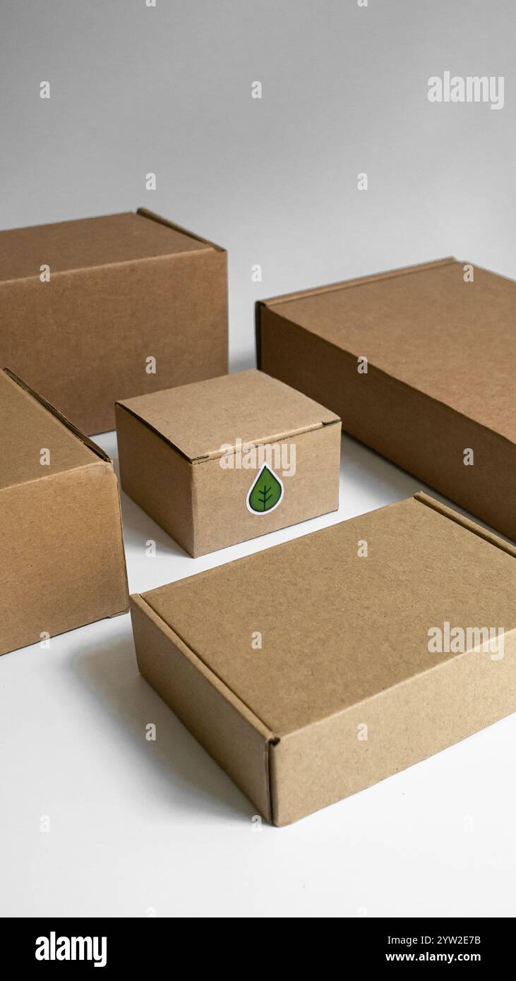 Una vasta gamma di scatole di imballaggio marroni ecocompatibili, perfette per le esigenze di spedizione e conservazione Foto Stock