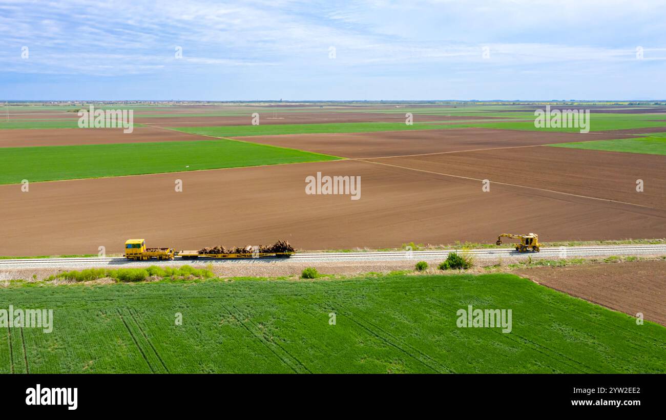 Vista dall'alto escavatore su ruote, con mano a polipo, artiglio a polipo, benna multivalvola, che porta avanti le vecchie traversine in legno della ferrovia smontate e le carica Foto Stock